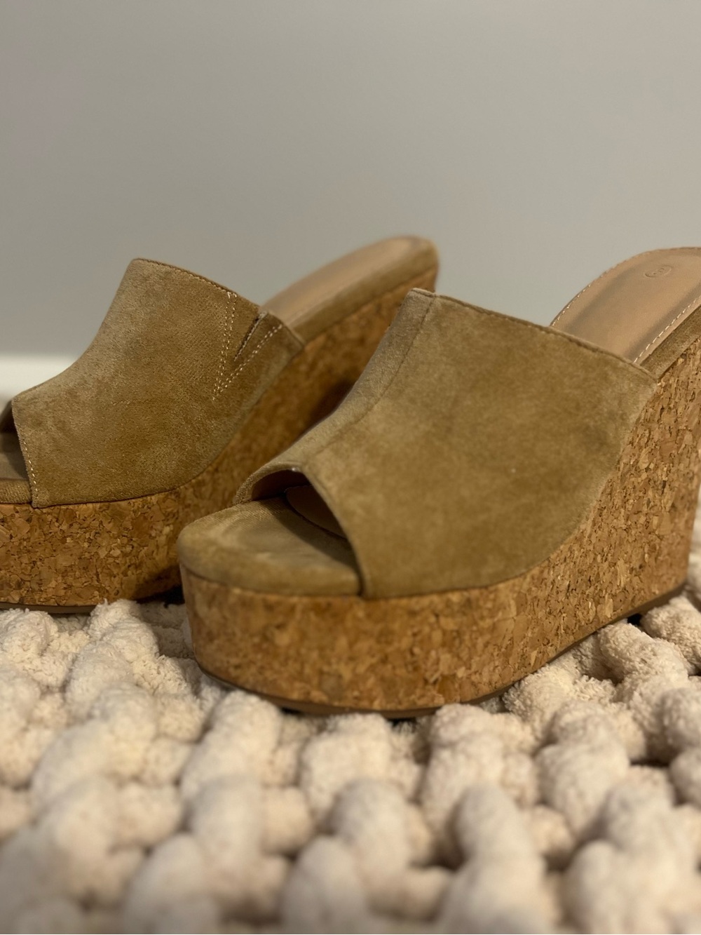 Suede Cork Platform Wedge Mules in Tan